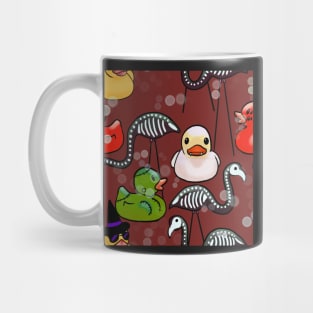 Spooky Halloween Rubber Ducks and Pink Flamingo Skeletons Dark Red Mug